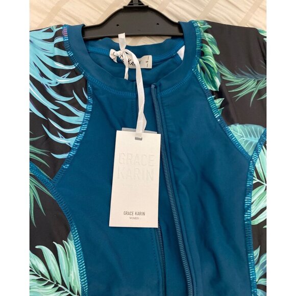 Grace Karin Womens Tropical Floral Short Sleeve Zip Swimsuit, NWT, Small - Picture 5 of 6